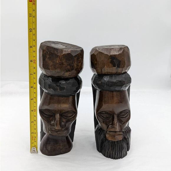 Vintage Jamaica Wooden Carved Bust Figurine Pair Female Bearded Male 9" Tall - Picture 2 of 12